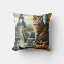 Almofada Uma Manhã em Paris | Gato Malhado em um Café
