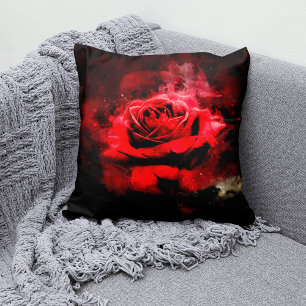 Almofada Uma Rosa Vermelha em Aquarela sobre Fundo Preto