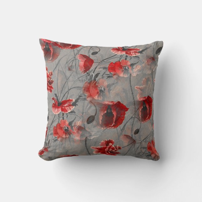 Almofada Uma Web de Rich Red Flowers Dark Cinza Background (Frente)