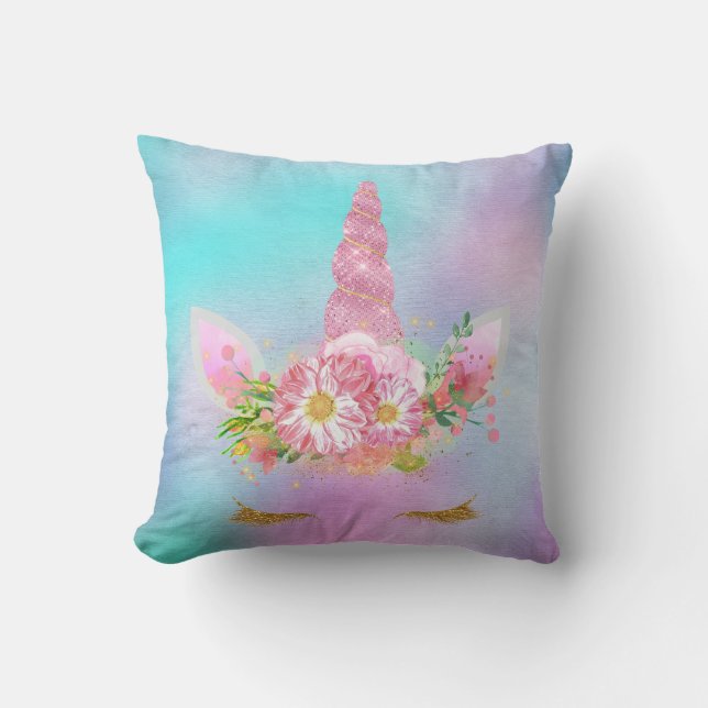 Almofada Unicorn Face Horn Pisca Flores Rosa Douradas Aqua (Frente)