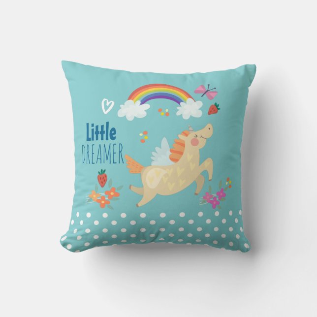 Almofada Unicorn Rainbow Clouds and Flowers Little Dreamer (Frente)