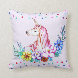Almofada Unicórnio bonito da aguarela com floral