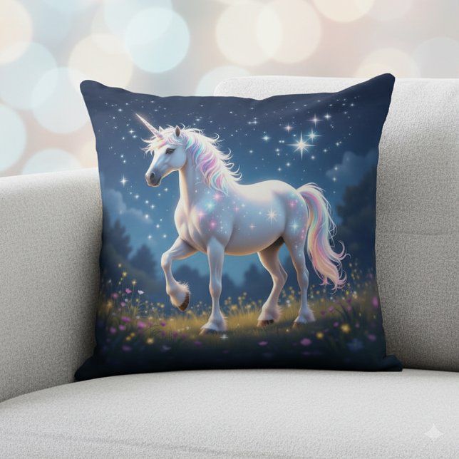Almofada Unicórnio em Starlit Wildflower Meadow à Noite (Unicorn in Starlit Wildflower Meadow at Night Throw Pillow Cover Photo)