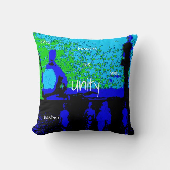 Almofada "Unidade" em tons de azul, preto, Design verde (Frente)