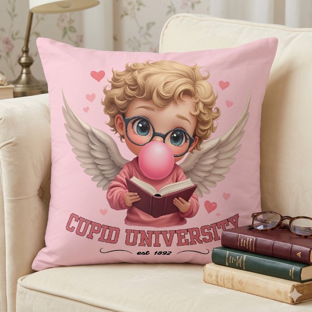 Almofada Universidade do Cupido Fofo Anjo de Bala Bubblegum (Cute Cupid University Bubblegum Angel Aesthetic Throw Pillow)
