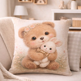 Almofada Ursa Bebê Fofa Com Coelho Neutro Quarto Infantil