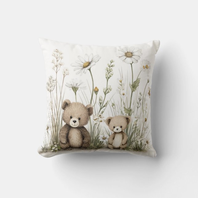 Almofada Ursa de Aguarela Fofa com Flores Silvestres (Frente)