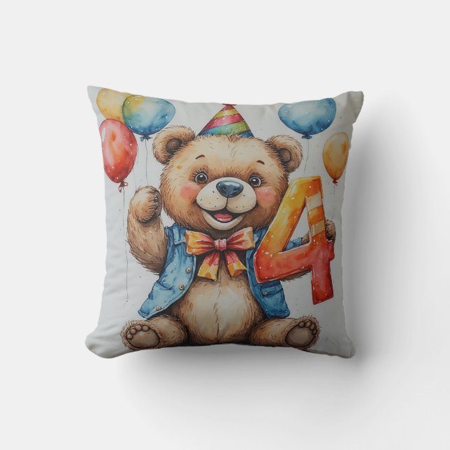 Almofada Ursa de Aniversário Fofa Com Balões e Chapéu de Fe (Frente)