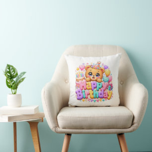 Almofada Ursa de pelúcia fofa Kawaii Feliz Aniversário Rosa