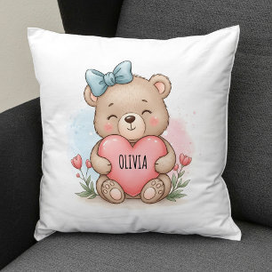 Almofada Ursa de Pelúcia Fofa Segurando Coração Rosa
