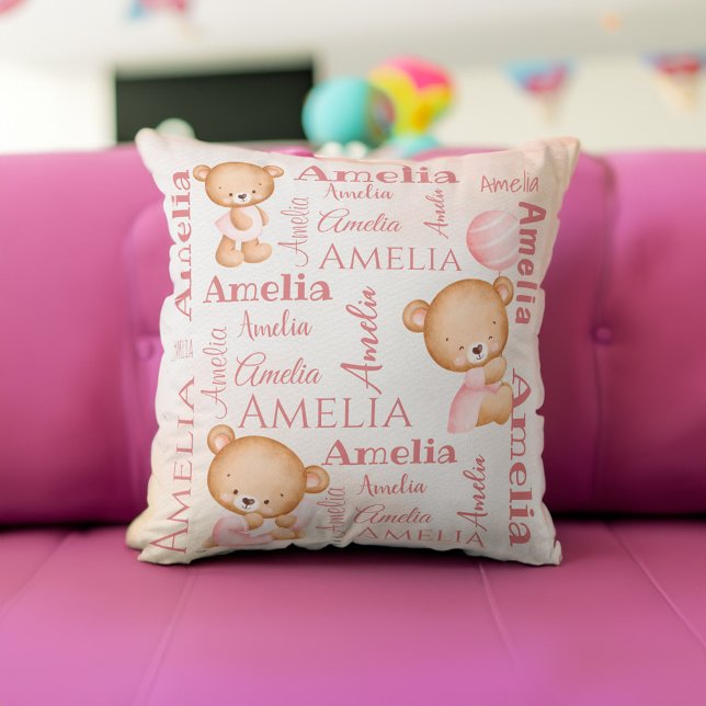 Almofada Ursinho rosa ursinho personalizado garotas nome be (Pink teddy bears personalized girls name collage baby throw pillow baby gifts baby shower gifts)