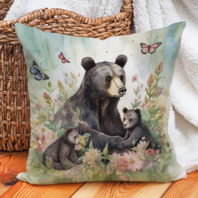 Almofada Ursinhos Flores Borboletas Pintura (Bear family pillow)