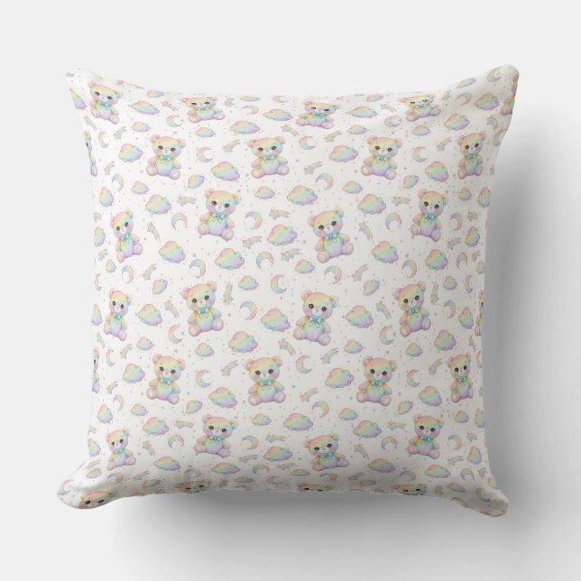 Almofada Urso Arco-Íris Fofo e Padrão de Nuvens Pastel (Frente)