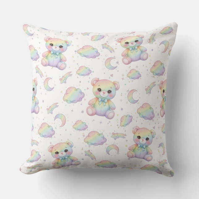 Almofada Urso Arco-Íris Fofo e Padrão de Nuvens Pastel (Frente)