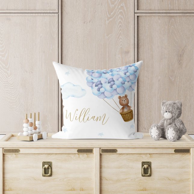 Almofada Urso Azul Urso Azul Balões Infantis (Teddy Bear Blue Balloons Baby Nursery Throw Pillow)