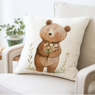 Almofada Urso-Corte Segurando Flores Travesseiro, Ursinho A