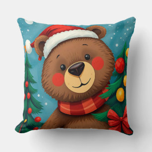 Almofada Urso de Chapéu de Papai Noel Entre Árvores de Nata