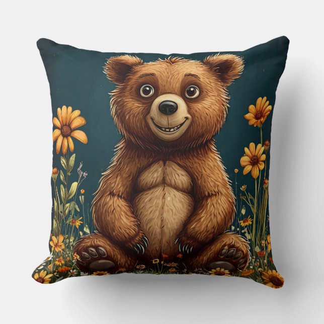 Almofada Urso de desenho animado fofo sentado feliz (Frente)