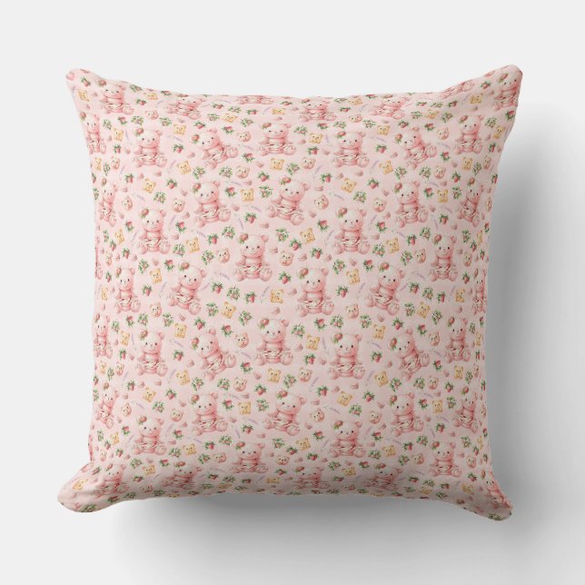 Almofada Urso de Macaron de Morango Fofo e Frutas  (Frente)