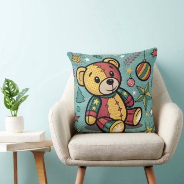 Almofada Urso de Natal em Patchwork Caprichoso (Throw Pillow 100% polyester heavyweight stretch material. Hidden zipper Made in the USA.
)