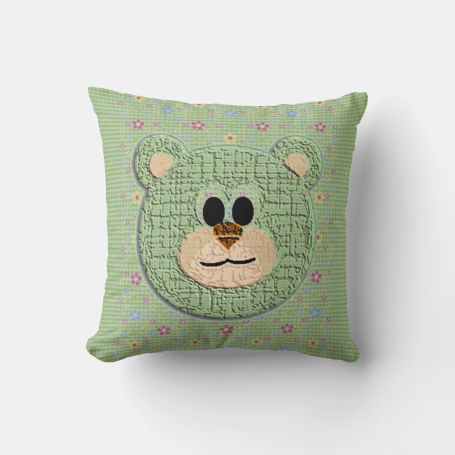 Almofada Urso de pelúcia 3D em xadrez e flores (Frente)