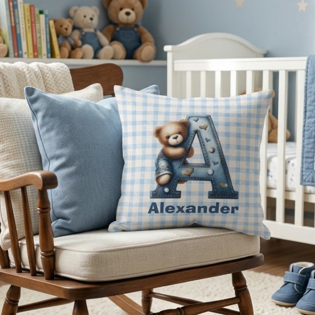 Almofada Urso de pelúcia com monograma xadrez em jeans (Criador carregado)
