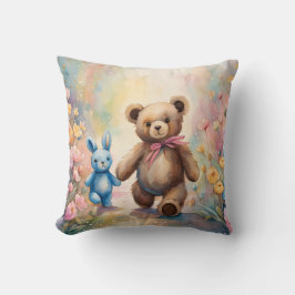 Almofada Urso de pelúcia e coelho num jardim de pastel