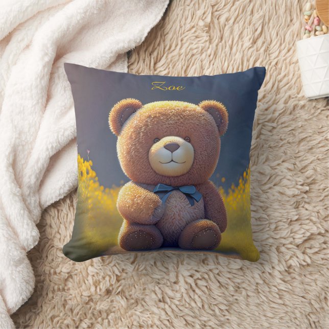 Almofada Urso de pelúcia num campo, crianças bonitas (Cobertor)