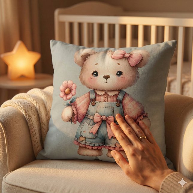 Almofada Urso de Pelúcia Pastel Segurando Flor Vestindo Mac (Pastel Teddy Bear Holding Flower Wearing Overalls Throw Pillow Mockup C)