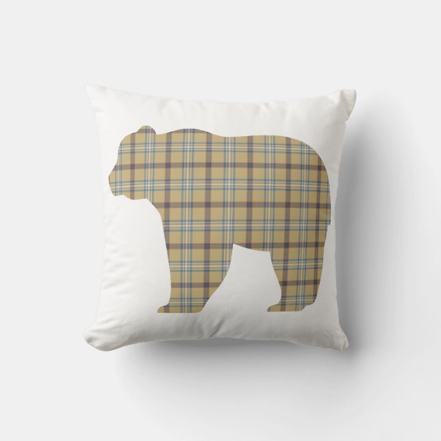 Almofada Urso em Xadrez Bege Azul Cabin Core (Frente)