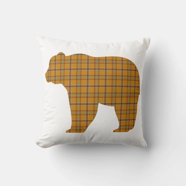Almofada Urso em Xadrez Laranja Azul Claro Cabin Core (Frente)