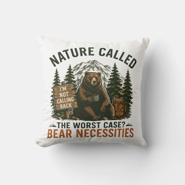Almofada Urso Engraçado Placa de Acampamento Natureza Ligou (Frente)