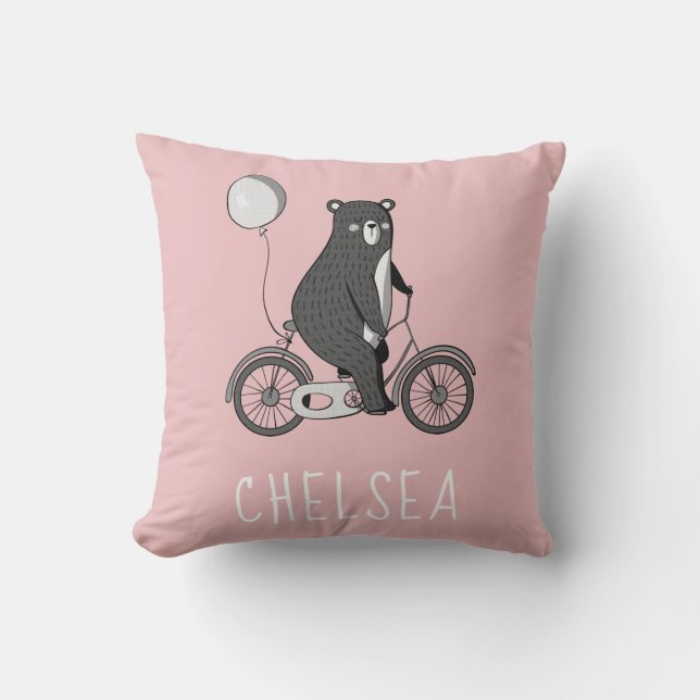 Almofada Urso escandinavo a rosa minimalista da bicicleta (Frente)