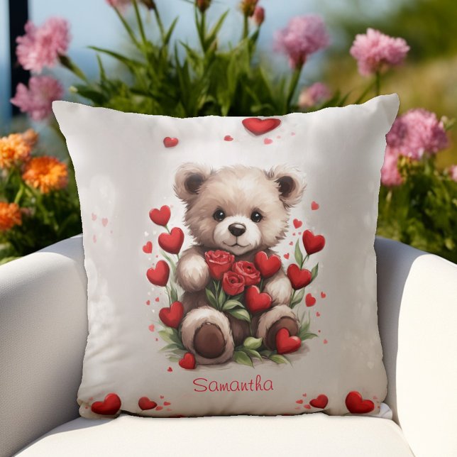 Almofada Urso fofo do Dia dos Namorados com Rosas Vermelhas (Criador carregado)