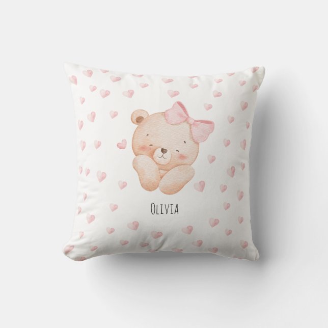 Almofada Urso Fofo Personalizado com Corações Rosa (Frente)