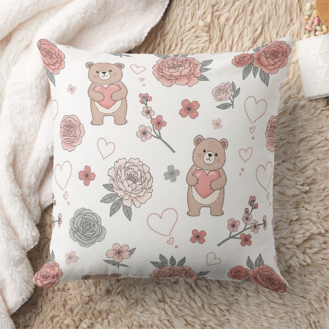 Almofada Urso Fofo Segurando Coração -- Berçário Pastel (12 (Cobertor)
