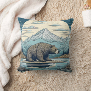Almofada Urso, Montanhas, Lago, Lua Cheia, Arte Ai