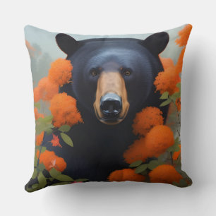 Almofada Urso Negro em flores laranja