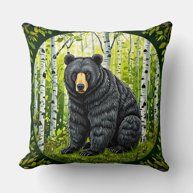 Almofada Urso Negro em uma Floresta de Bétulas (Frente)