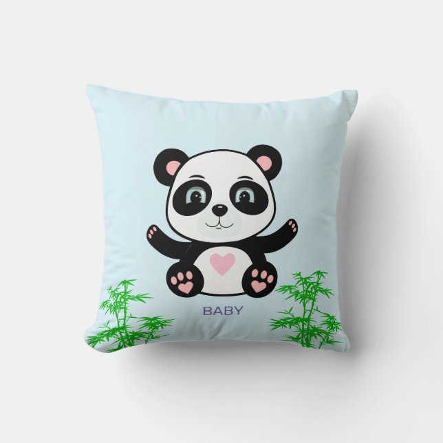 Almofada Urso Panda Fofo & Bambu em Azul Claro (Frente)