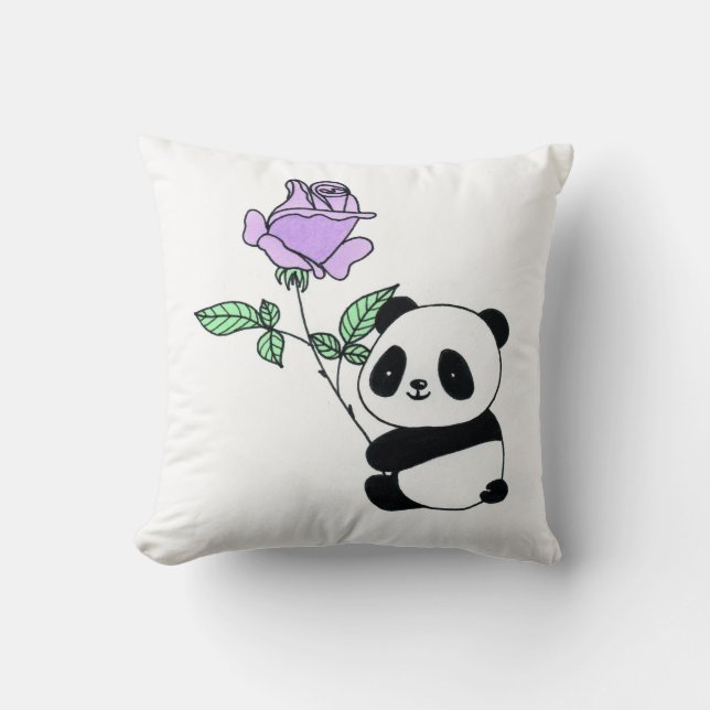 Almofada Urso Panda Fofo Segurando Flor de Rosa Roxa (Frente)