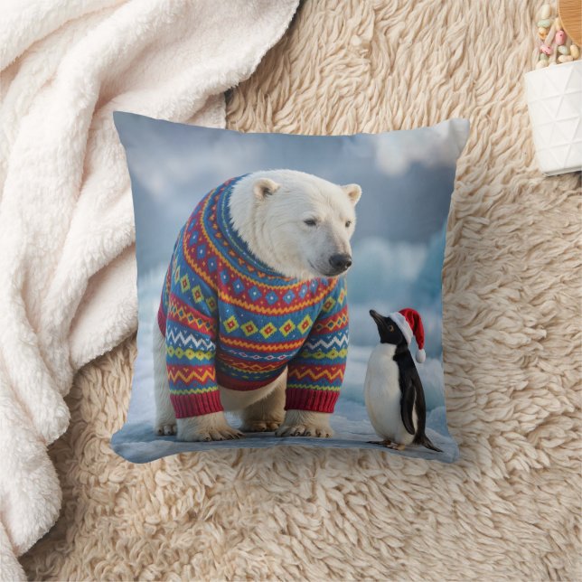 Almofada Urso Polar de Natal e Pinguim em uma Geleira (Cobertor)