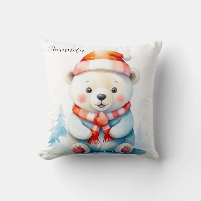 Almofada Urso Polar de Natal em Aquarela Divertida (Frente)