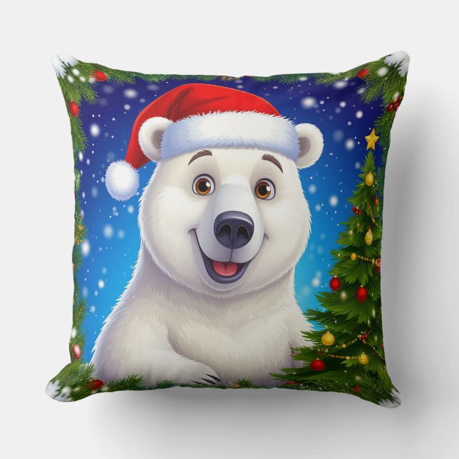 Almofada Urso Polar Feliz com Chapéu de Papai Noel (Frente)