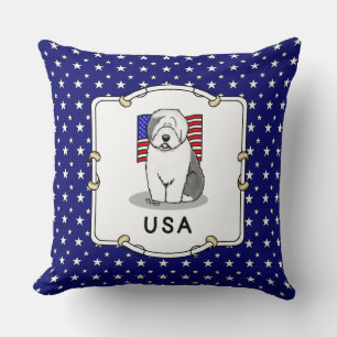 Almofada US American Flag Old English Sheepdog (Cinza 1)
