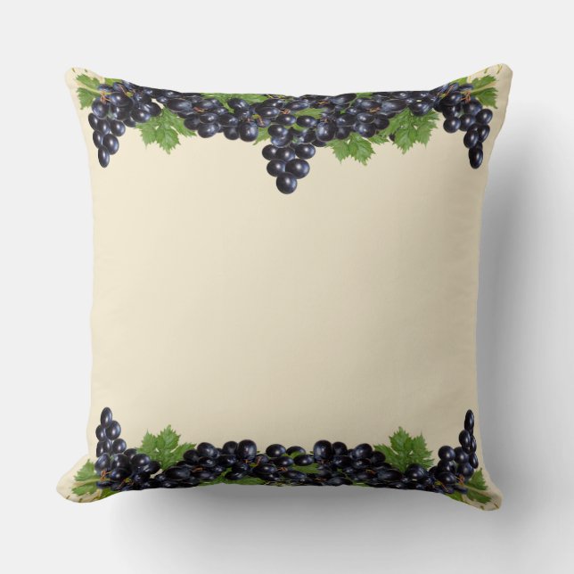 Almofada Uvas Azuis Roxas & Folhas em Bege Champanhe (Frente)