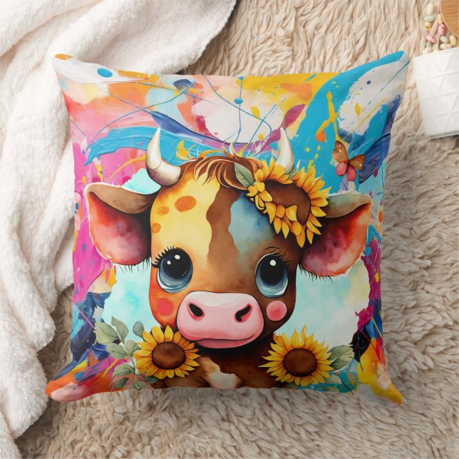 Almofada Vaca branca com borboletas, floral (Cobertor)