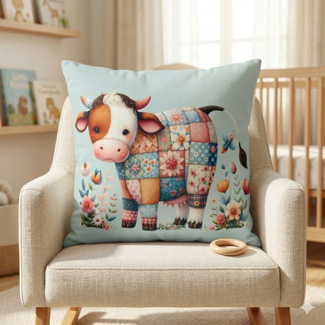Almofada Vaca Caprichosa em Patchwork com Acentos Florais (Whimsical Patchwork Cow With Floral Accents Throw Pillow Mockup A)