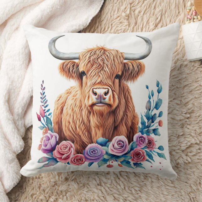 Almofada Vaca e Flores Terrestres Aquarela (Cobertor)