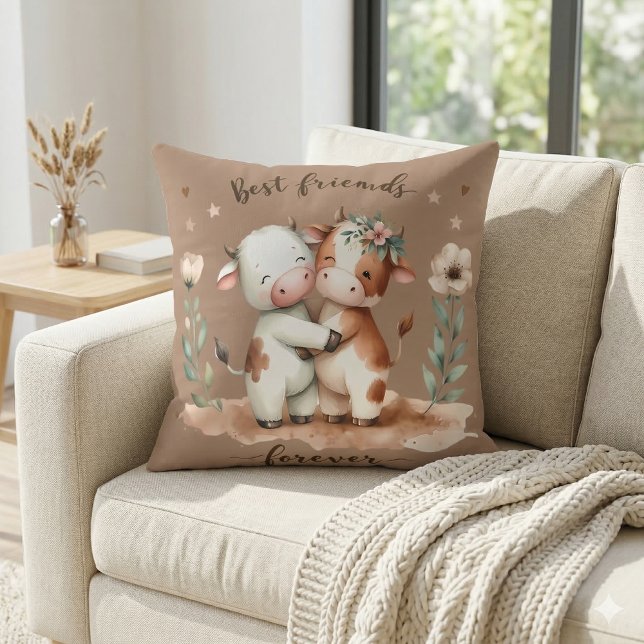 Almofada Vaca Fofa Melhores Amigas Abraço Arte Floral (Cute Cow Best Friends Hug Floral Art Throw Pillow Mockup A)